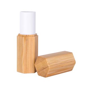 Hexagonal natural bamboo lipstick tube with PETG refillable inner core. Holds 3.5g, suitable for lipstick, lip balm, or herbal balms. Patented design.