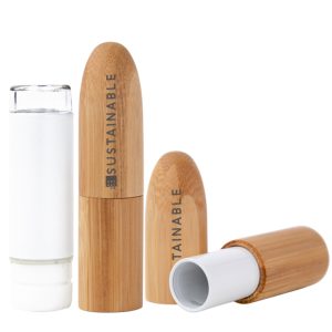 Natural bamboo bullet-shaped empty lip balm tube with silk-printed logo, refillable inner core, 3.5g capacity, and patented design. Perfect for sustainable lip care packaging.
