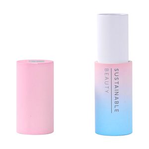 A natural bamboo empty lip balm tube with a stylish gradient color spray finish. Features a patented refillable inner core and holds 3.5g of product.