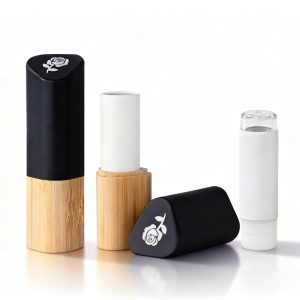 Bamboo Lipstick Tube Packaging with Black Slanted - Triangle Cap (Rose - Print, Magnetic Refillable)