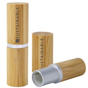 Natural bamboo lip balm container with aluminum refillable inner core. Holds 3.5g, suitable for lip balm, lipstick, or herbal balms. Patented design.