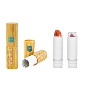 Natural bamboo empty lip balm tube with silk-printed logo, featuring a PETG refillable inner cartridge. Patented design, 3.5g capacity.
