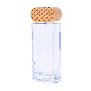 Empty glass perfume bottle with bamboo cap and spray atomizer – eco-friendly refillable packaging with aluminum and PP components