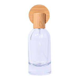 Empty glass perfume bottle with bamboo cap and spray atomizer – eco-friendly refillable fragrance packaging with aluminum accent
