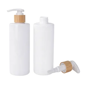 Empty body lotion bottle with bamboo cap, PET body, and pump dispenser